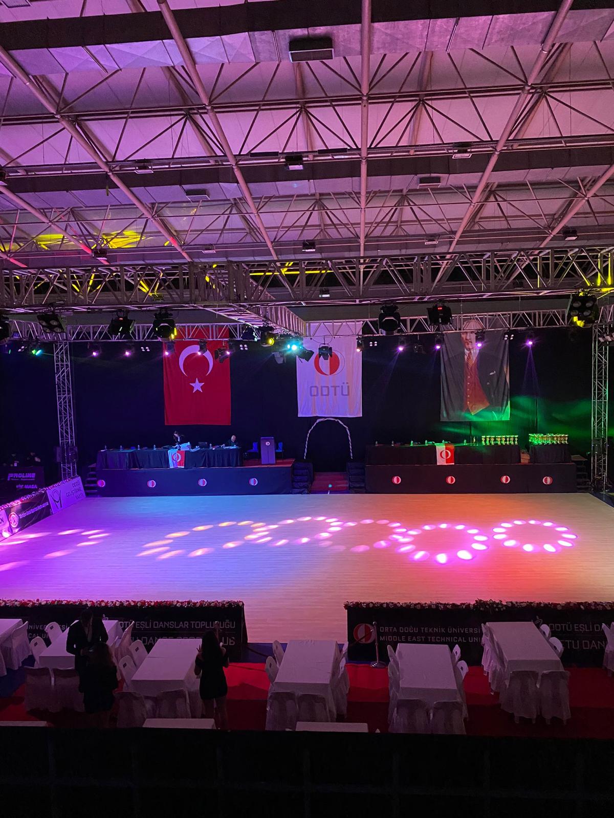 The competition floor lit in colour, with the VIP tables set floorside and the METU banners behind